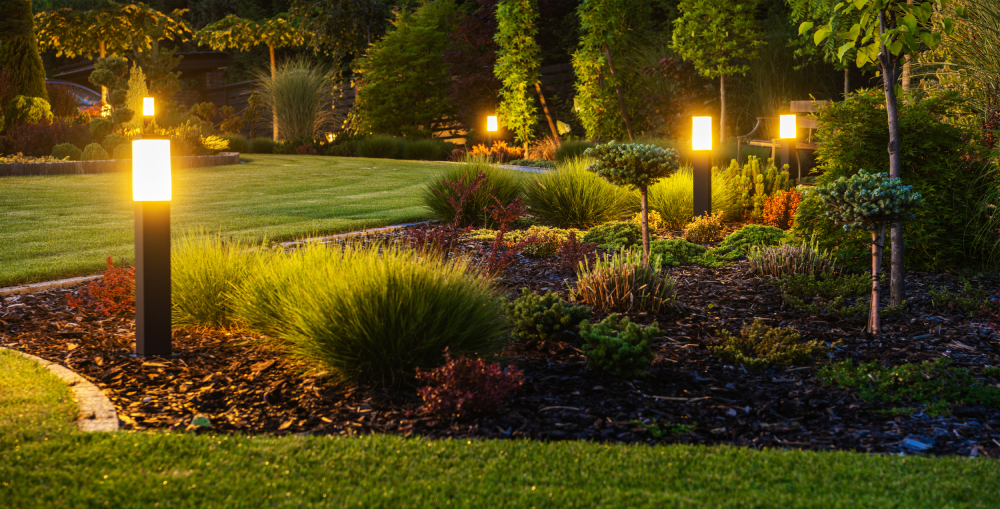 Landscape bed illuminated with warm lights